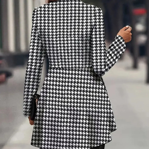 Elegant Houndstooth Print Zip Up Jacket (Color: Black & White Grid) - Picture 2 of 2